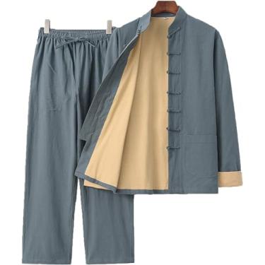 Imagem de Mens Tang Terno Chinês Tradicional Manga Longa Tai Chi Kung Fu Camisa Artes Marciais Terno De Roupas, Tops De Cânhamo De Algodão E Calças Adequadas Para Treinamento De Wing Chun, Gray Green, L