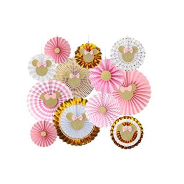 Imagem de 12 peças de papel rosa e dourado Minnie Mouse Fãs de papel para pendurar, rosa e dourado Minnie Fan papel pendurado, rosa e dourado Minnie Mouse decorações de aniversário, decoração de festa temática da Minnie, artigos de festa de aniversário para meninas, decoração de acessórios para foto, chá de b