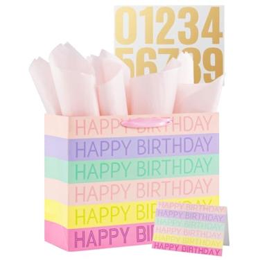 Imagem de Bolsa de presente de feliz aniversário com papel de seda, cartão e adesivo, bolsa de presente grande de 33 cm para mulheres, homens, crianças, festa de aniversário (colorida)