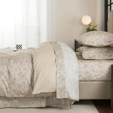 Imagem de FADFAY Conjunto de capa de edredom floral Mocha tamanho casal – 3 peças de cama botânica vintage 100% algodão, macio e respirável, estilo country francês reversível com fecho de zíper