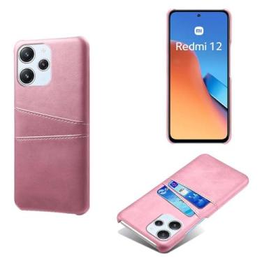 Imagem de Capas Compatível com Xiaomi Redmi 12 4G,Caso de couro PU-Tampa de telefone a prova de choque com 2 slots de cartão,Proteção anti-impressão digital e anti-gota-Pink