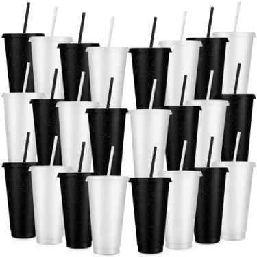 Imagem de Honeydak Pacote com 30 copos com canudo e tampa, copos de plástico com glitter, garrafa de água, café gelado, caneca de viagem, reutilizável, copos de lembrancinha de festa para aniversários, viagens