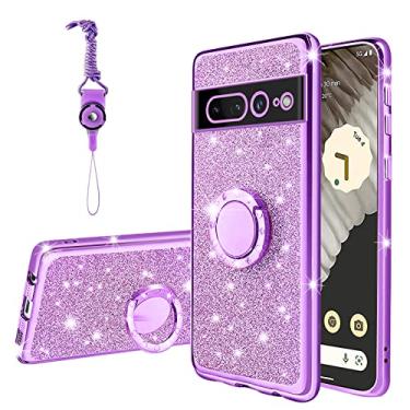 Imagem de KuDiNi Capa protetora feminina para Google Pixel 7 Pro com purpurina, transparente, de TPU (poliuretano termoplástico) luxuosa, com alça de suporte para Google Pixel 7 Pro 5G 6,7 polegadas (roxo brilhante)