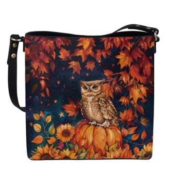 Imagem de HUGS IDEA Bolsa feminina de couro, bolsa de ombro para mulheres, bolsa tipo carteira transversal, Coruja com folhas de outono e outono, Large