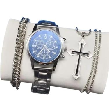 Imagem de Relógio Masculino Social Alfa Luxuoso + Colar Cruz Pulseira (Cinza e Azul)