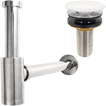 Imagem de Dona D Cor, Sifão Copo Cromado Metal e Valvula Click 7/8 Inox Tampa Cerâmica Kit Banheiro Ralo de Pia 30mm Sifão Quadrado De Parede Luxo