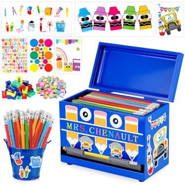 Imagem de Kit de dispensador de lápis de aço inoxidável, 159 peças, suporte de lápis para sala de aula com apontador, borrachas, adesivos, balde de metal, material de escritório essencial para professores de