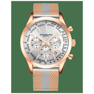 Imagem de Relógio de pulso Preston 3975 com cronógrafo, mostrador prateado e pulseira rosa em liga com fivela dourada, da Stuhrling.