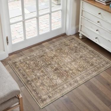 Imagem de HUGEAR Tapete de entrada 2x3 vintage marrom pequeno lavável na máquina tapete de porta retrô floral baixo tapete aspirável envelhecido tapete entrada cozinha banheiro quarto antiderrapante leve