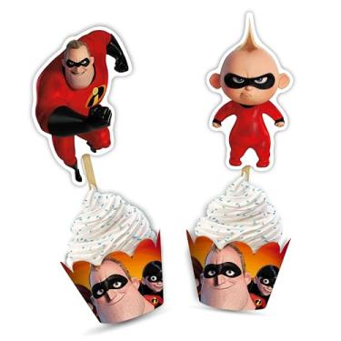 Imagem de Incrdibls Decorações de embrulho de cupcake! Perfeito para fãs de The Incrdibls, estas embalagens vibrantes transformam instantaneamente cupcakes simples em delícias temáticas de super-heróis.