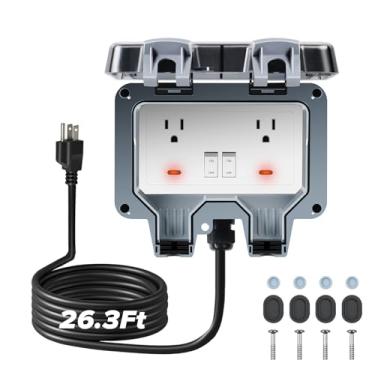 Imagem de ZUYIYI Caixa de tomada externa com cabo de extensão de 26,3 m, interruptores e extensor de tomadas elétricas com indicador de LED, 14 AWG 15 AMP 5-15R, IP66 impermeável, tomada de parede com tampa