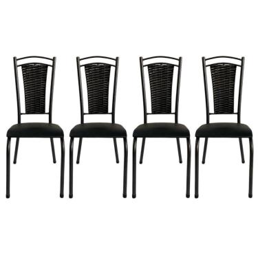 Imagem de Kit 4 Cadeira Paris De Cozinha Tubular Preto Aço Estofada Encosto Junco Preto