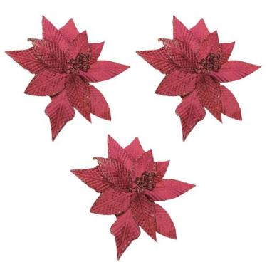 Imagem de Flor Natalina Arvore Pick Bico De Papagaio Tecido Bordô Vinho Glitter 