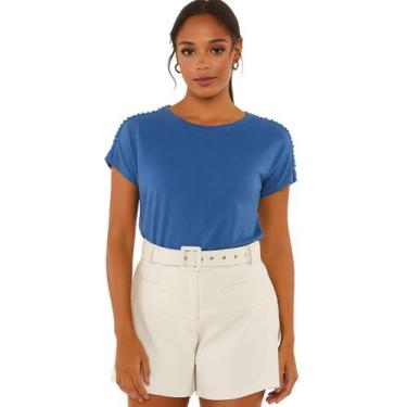 Imagem de Camiseta Feminina FMF Azul com Renda e Pérolas nas Mangas, P