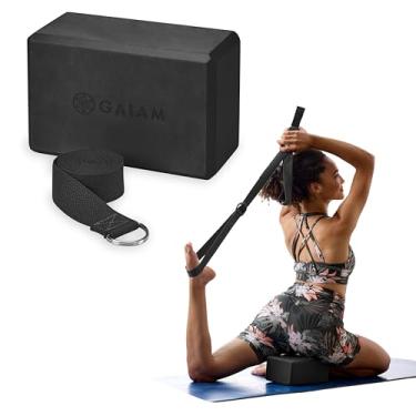 Imagem de Gaiam Conjunto de bloco de ioga e alça de ioga - bloco de ioga com alça, pilates e adereços de ioga para ajudar a estender e aprofundar os alongamentos, kit de ioga para estabilidade, equilíbrio e