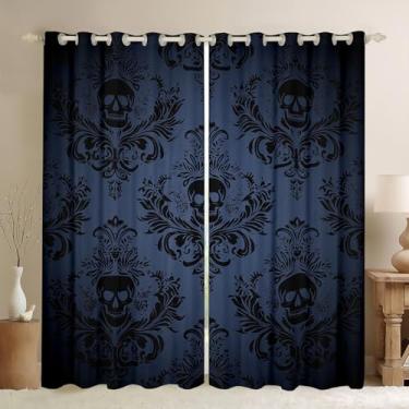 Imagem de Cortina de caveira gótica para quarto, cortina de janela estilo boho barroco vitoriano antigo para meninas adolescentes, cinza azul damasco renda floral decoração microfibra tratamento de janela, 106