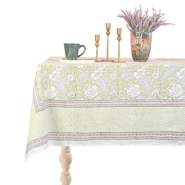 Imagem de Perilla Home Toalha de mesa multicolorida 100% algodão 152 x 152 cm | Capa de mesa retangular com estampa de bloco de mão para 6 lugares | Toalha de mesa lavável para outono, decoração, Natal, Ação de