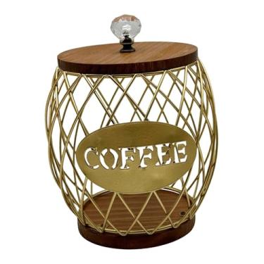 Imagem de Llazsybz Cesta Porta-cápsulas de Café com Tampa de Madeira, Acessórios para Cafeteria, Organizador de Armazenamento de Cápsulas de Café, Copo para Café, Ouro, Tamanho real