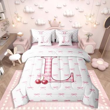 Imagem de Erosebridal Jogo de cama casal com laço rosa, letra G, laço e laço cereja xadrez em uma bolsa com lençol de cima e lençol com elástico, monograma, estilo princesa sonhadora
