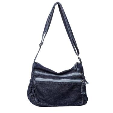 Imagem de Bolsas jeans grandes para mulheres, casual, transversal, leve, de lona, bolsa jeans para uso diário e viagens, Azul marinho, Large