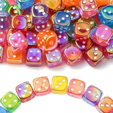 Imagem de Ipotkitt 50 peças de cores mistas iridescentes com revestimento UV opaco contas de dados de acrílico cubo quadrado tema de jogo contas soltas para fazer joias faça você mesmo, pulseira, colar, brincos
