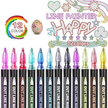 Imagem de Marcadores de caneta de linha dupla de 12 cores, canetas de tinta com glitter à prova d'água, para desenho metálico, canetas permanentes coloridas para cartão de ilustração, madeira, rocha, artesanato