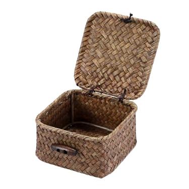 Imagem de Hipiwe Cesto pequeno de algas marinhas de vime com tampa, mini caixa decorativa, cesta de armazenamento natural para organizar doces de chave, decoração de casa, 8 cm C x 8 cm L x 5 cm A