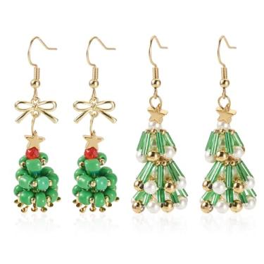 Imagem de Cheriswelry 2 pares de brincos de Natal para mulheres, árvore de Natal, abajur, brincos de vidro, brincos de Natal a granel com ganchos de metal de ouro 18K 48-52 mm para suprimentos de joias DIY
