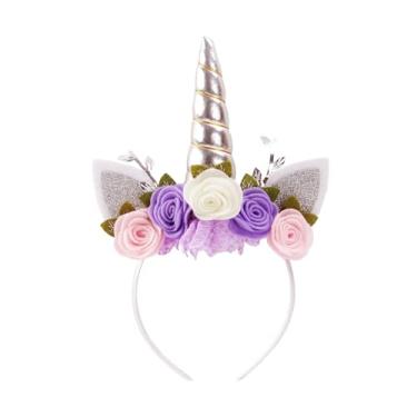 Imagem de Nishine Tiara De Unicórnio Com Flores Tecido Não Tecido, Orelhas Gato, Pônei, Glitter E Chifre Para Cosplay, Suprimentos Festa (Prata, Marfim)