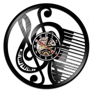 Imagem de Relógio de parede musical de 30,5 cm - design de teclado de piano e clave de agudos, movimento silencioso ultrafino, decoração moderna em preto e branco, para músicos e professores (preto)