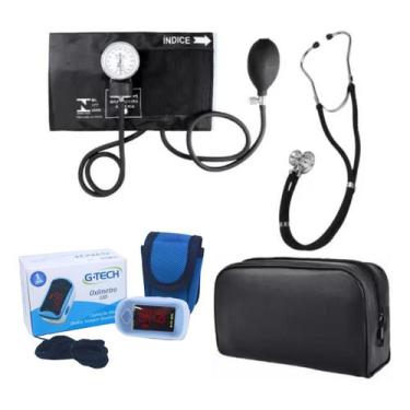 Imagem de Kit Esfigmomanometro + Estetoscopio Duplo + Oximetro G-tech, preto