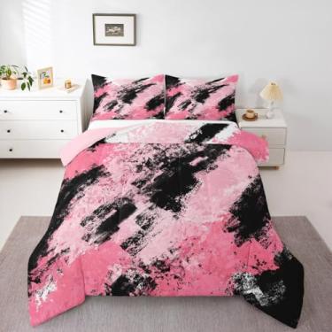 Imagem de jejeloiu Conjunto de edredom queen rosa e preto, abstrato, minimalista, para meninos e meninas, edredom geométrico, moderno, decoração de quarto, 3 peças, com 2 fronhas, microfibra