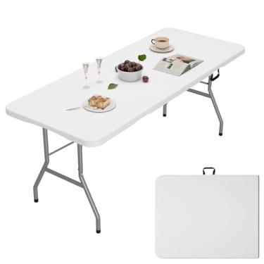Imagem de Mesa dobrável de 1,8 m, mesa dobrável ao ar livre com mesa de PEAD, travas de segurança, fácil de transportar e armazenar, mesa de acampamento sem montagem para jantar, piquenique, branca