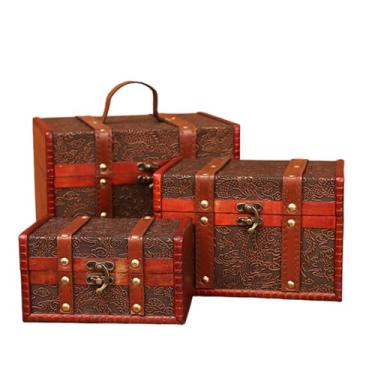 Imagem de GOVNPJ Baú de tesouro de madeira pequena caixa de madeira conjunto de 3 tamanhos com alça de couro design de dragão antigo baús de pirata para decoração infantil