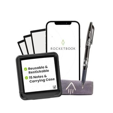 Imagem de Rocketbook Pacote de notas adesivas reutilizáveis para iniciantes com estojo de armazenamento, caneta e toalha, 7,6 x 7,6 cm, 15 notas pretas - papel pontilhado, conectado ao aplicativo, apagável