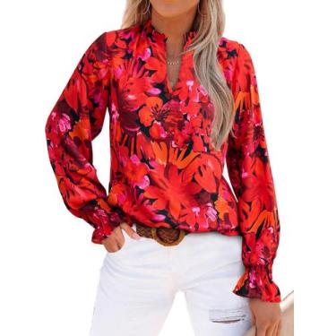 Imagem de Blusa feminina MASCOMODA com decote em V, floral, manga comprida, chif