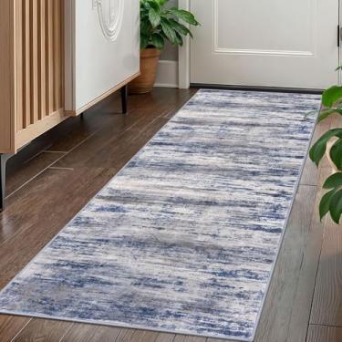 Imagem de KOZYFLY Tapete moderno abstrato lavável corredor 2x5 tapete corredor antiderrapante macio tapete de corredor de cozinha, tapete listrado cinza-azul para entrada, banheiro, lavanderia, hall de entrada