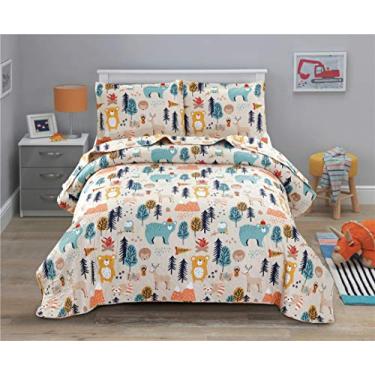Imagem de Junsey Conjunto de cama infantil casal/queen size com urso, 3 peças, colcha de árvore florestal, colchas de animais, leve, reversível, desenho animado, coruja, fronhas