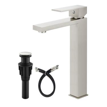 Imagem de Torneira de pia de banheiro para pia com 1 orifício de altura para bacia de aço inoxidável níquel escovado 304 furo único misturador com ralo pop up