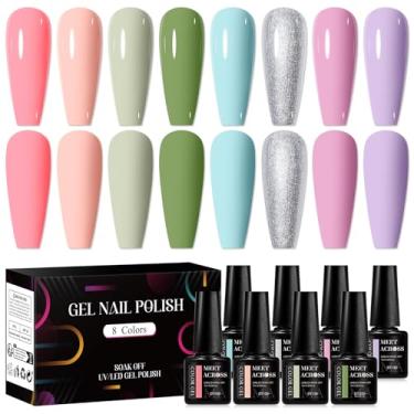 Imagem de MEET ACROSS Conjunto de esmalte de gel verde e branco com 8 cores, kit de esmalte de gel coral, verde-oliva, roxo, para arte de unhas, presentes de manicure DIY para mulheres e meninas