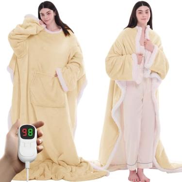 Imagem de PLOATH Heated Blanket Electric Wearable - Heating Throw Blanket with 10 Heating Levels - Heated Hoodie Blanket with Foot Pockets and Sleeves Hood Giftable for Women (50x70'' Beige)