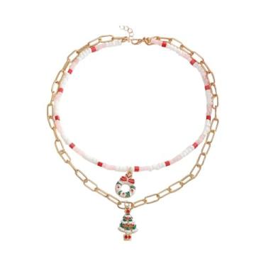 Imagem de Kokoma Colar feminino com pingente de árvore de Natal de camada dupla com pingente de guirlanda de zircônia cúbica, pingente de contas, gargantilha empilhável ajustável, joia moderna festiva de Natal