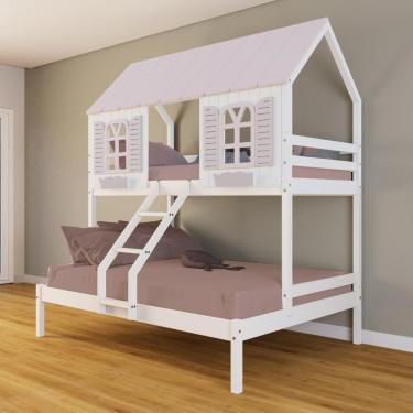 Imagem de Beliche Casal/ Solteiro Casinha Bela - Madeira Maciça Branco/Rosa | Housin