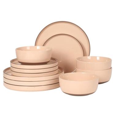 Imagem de Gibson Elite Conjunto de louça de grés Northrock, serviço de 16 peças para 4 pratos e tigelas – pratos rosa com base de terracota pintada à mão