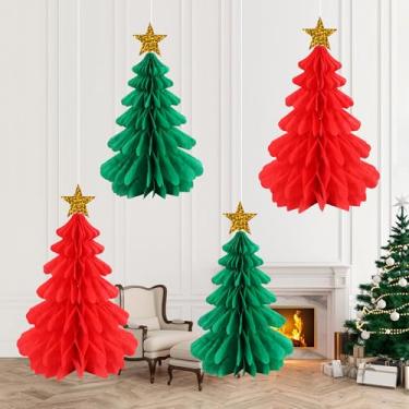Imagem de BEISHIDA Decorações de Natal vermelhas e verdes, 4 peças, 3D, Natal, favo de mel, guirlanda de árvore de Natal, decorações de festa para pendurar no teto para chá de bebê, suprimentos de festa de ano