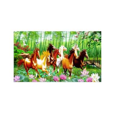 Imagem de Impressão em tela moderna - imagem de arte de parede de paisagem - cavalos de lótus da floresta de bambu - pôster para sala de estar banheiro decoração de casa 40 x 70 cm 16 x 27 pol sem moldura