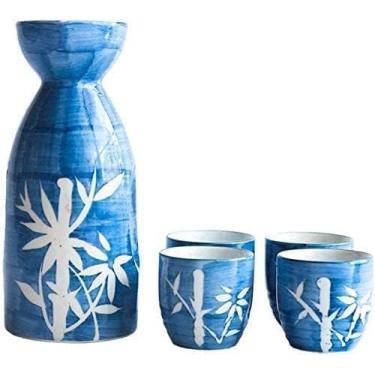 Imagem de JOEUQK Conjunto de copos de saquê com design tradicional à mão, conjunto de pote de saquê de cerâmica estilo japonês conjunto de saquê estilo bambu pintado à mão, material de cerâmica, 4 xícaras de