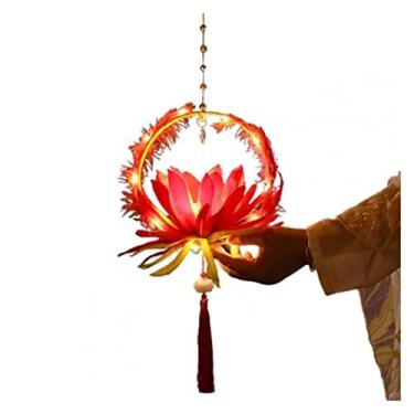 Imagem de Lanternas chinesas vermelhas lâmpada de lótus LED de madeira artesanal DIY lanternas decorativas operação de bateria estilo chinês decoração de festival doméstico lanterna suspensa tradicional
