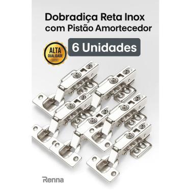 Imagem de Kit 6 Dobradiça Reta Inox Pistao Amortecedor 35mm Renna
