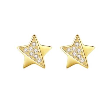 Imagem de Efashion Brincos femininos banhados a ouro 14K prata esterlina 925 com zircônia de estrela de cinco pontas, Small, Ouro amarelo, Zircônia